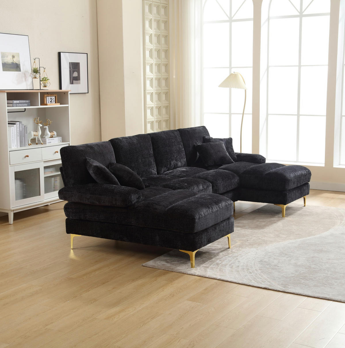 SOFA U-Form mit 2 Liegeflächen 272 x 136 cm Chenille Schwarz - Schwarz, Textil (136/88/272cm) - Meubliv