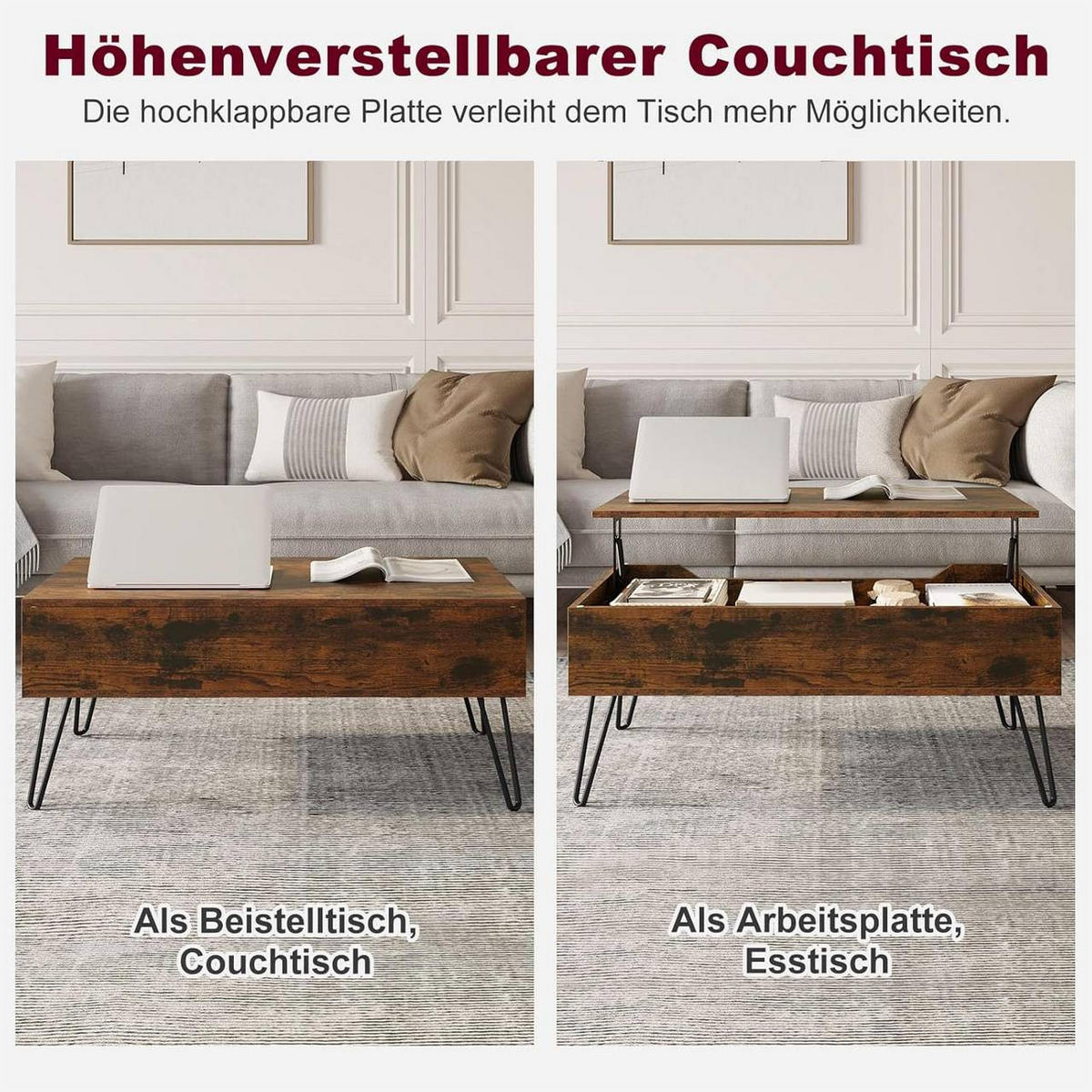 COUCHTISCH mit Stauraum, Metallbeine, Rustikales Braun - Dunkelbraun, Holzwerkstoff/Metall (50/95/40cm) - Woltu