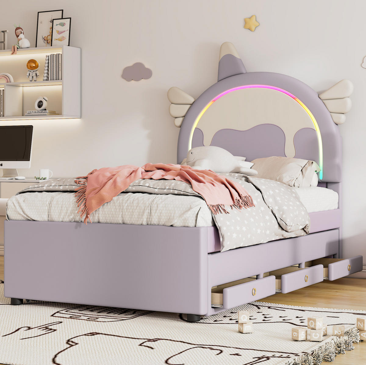 KINDERBETT aus PU 90x200 cm Violett mit ausziehbarem Rollbett und Schubladen im Einhorn-Design - Violett, Kunststoff (90/200cm) - Modfu