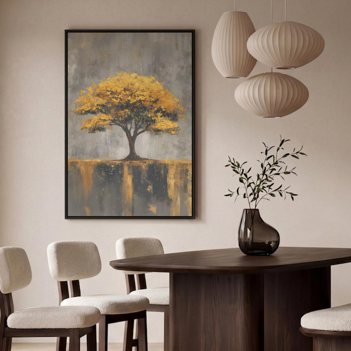 LEINWAND Bilder mit Rahmen - Baum - Blätter - Gold - Abstrakt - 80x120 - Grau, Textil (80/120cm) - MuchoWow