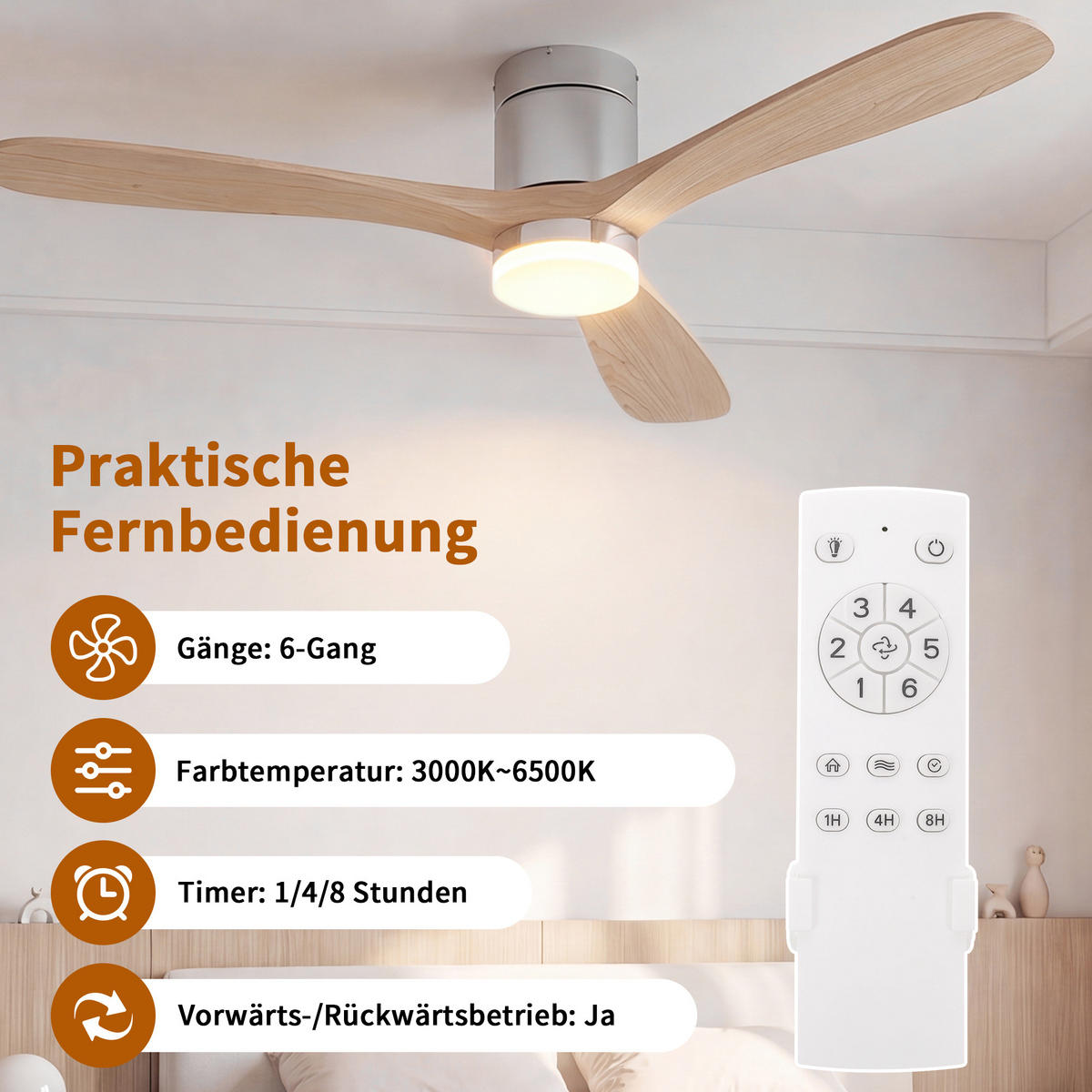 DECKENVENTILATOR mit LED-Licht, 132 cm, Holzflügel, 6 Stufen & Timer - Naturfarben, Metall (132/132/28cm) - EuroLiving
