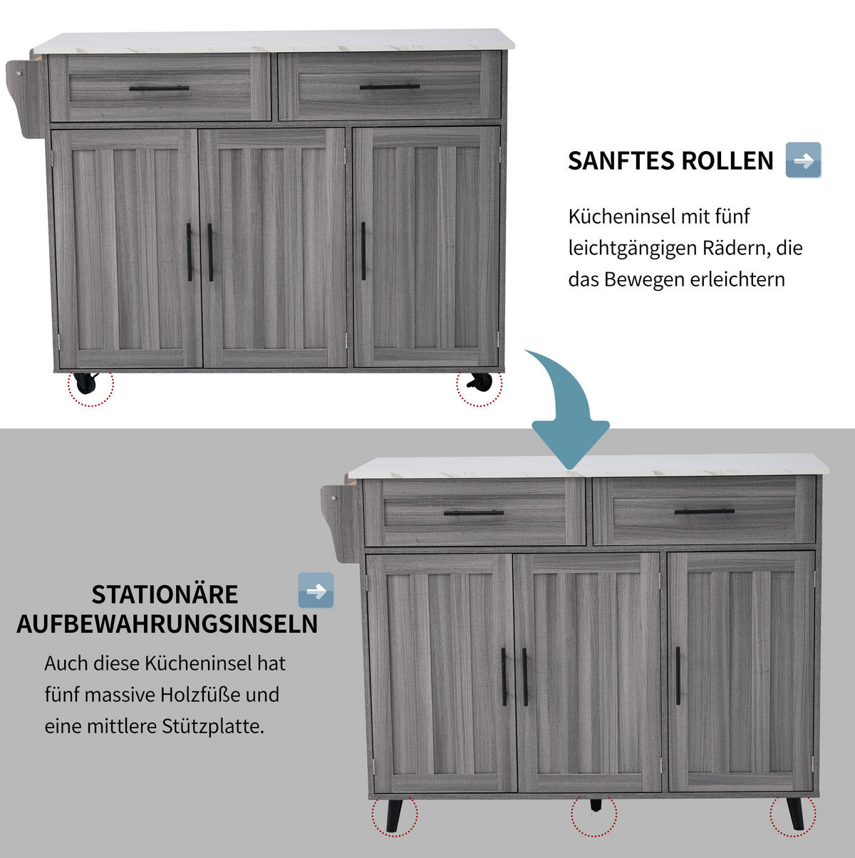 KÜCHENINSEL 129/91,5/46 cm Grau/Weiß aus MDF mit klappbarer Tischplatte - Grau, Holzwerkstoff (46/91.5/129cm) - OKMYHOME