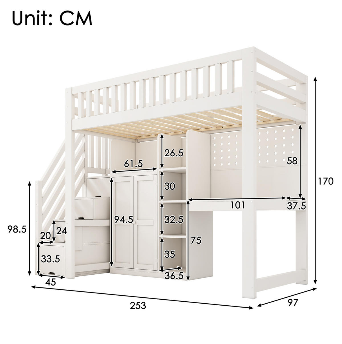 HOCHBETT 90/200 cm Weiß mit Schreibtisch, Kleiderschrank und Stauraum - Weiß, Holz (90/200cm) - MIVRAY