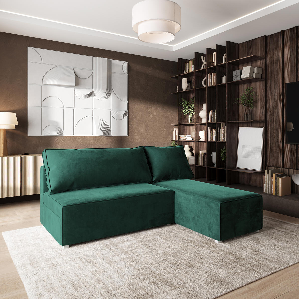 ROHOVÁ SEDAČKA BRISO tmavě zelená - šedá/tmavě zelená, dřevo/textil (200/140cm) - MASSENO