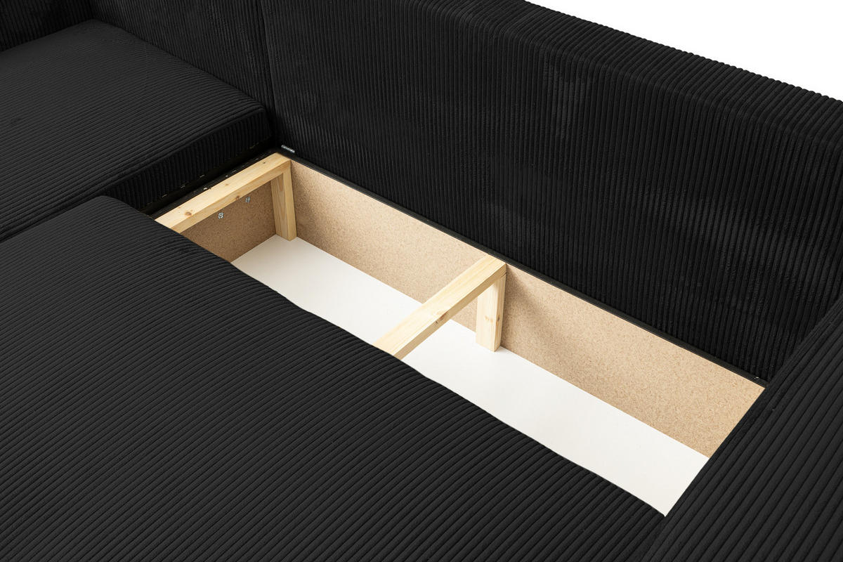 ECKSOFA LUNA mit Schlaffunktion und Bettkasten Cord-Stofff (Schwarz) - Schwarz, Textil (244/142cm) - VENASI MÖBEL