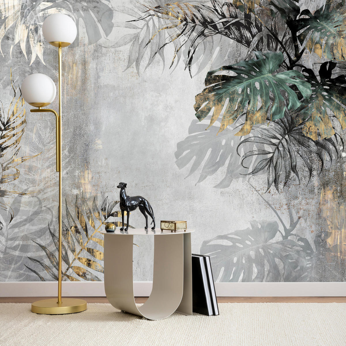 FOTOTAPETE Tropische Blätter auf Beton Vintage 350x256 - Gelb/Beige, Papier (350/256cm) - Muralo