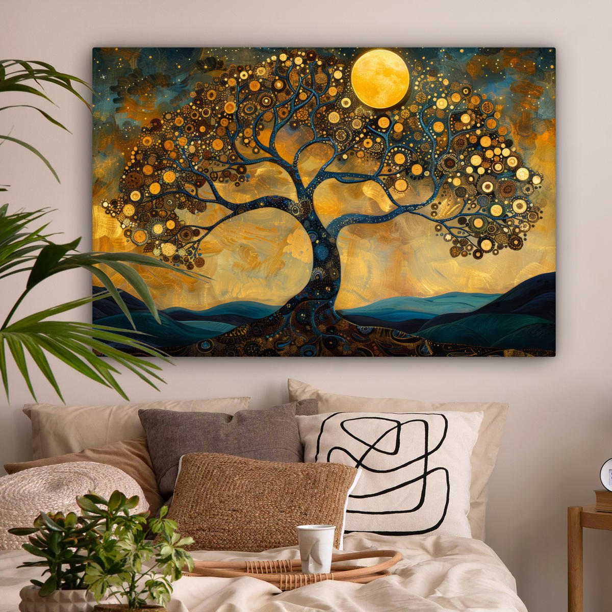 LEINWANDBILD Baum - Mond - Blumen - Gold - Kunst XXL 150x100 cm - Orange, Textil (150/100cm) - MuchoWow