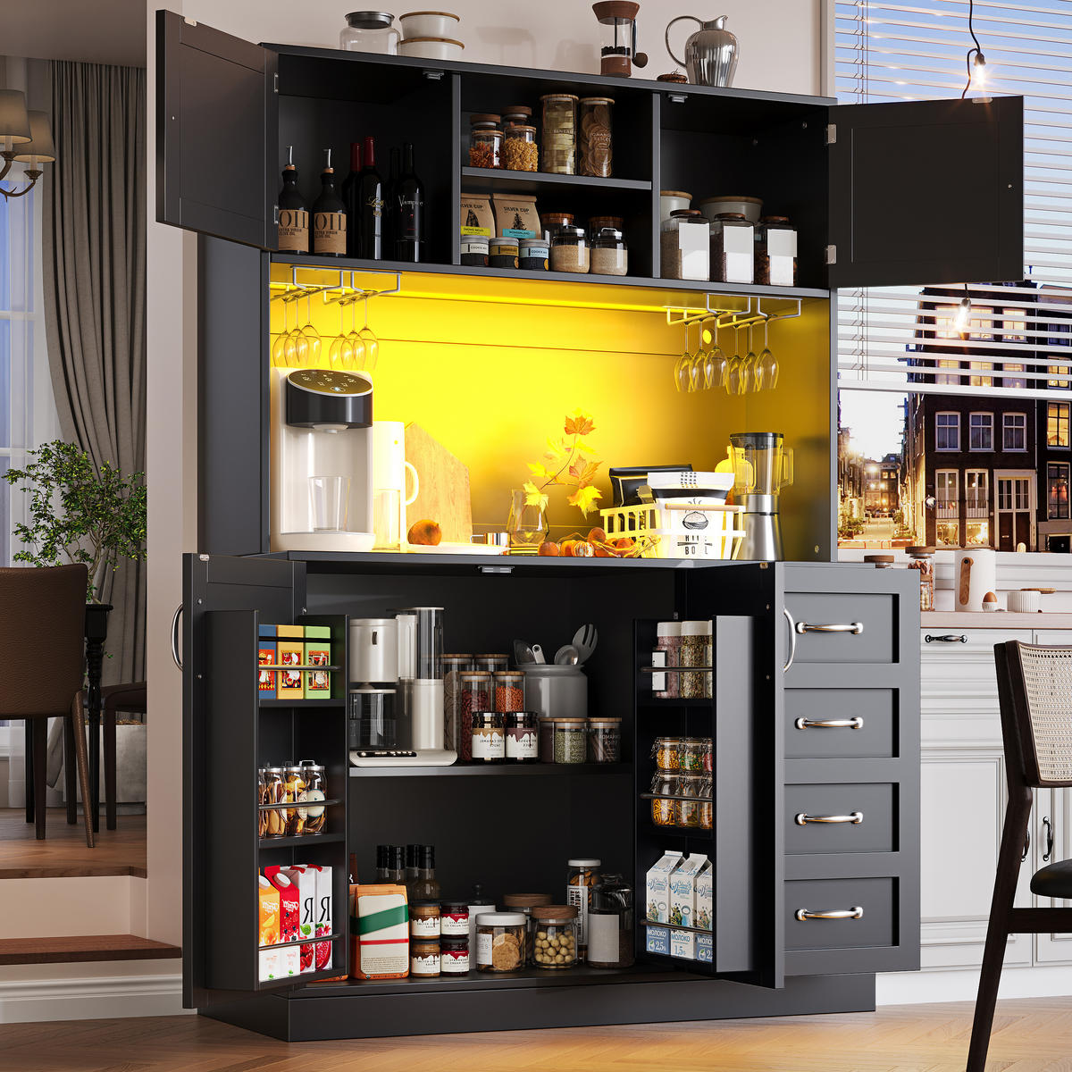 BUFFETSCHRANK 120/40/188 cm schwarz aus MDF mit LED-Beleuchtung - Schwarz, Holzwerkstoff (120/188/40cm) - OKWISH