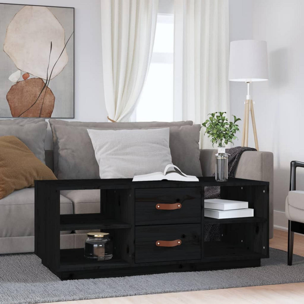COUCHTISCH Schwarz 100x50x41 cm Massivholz Kiefer - Schwarz, Holz (100/50/41cm) - furnicato