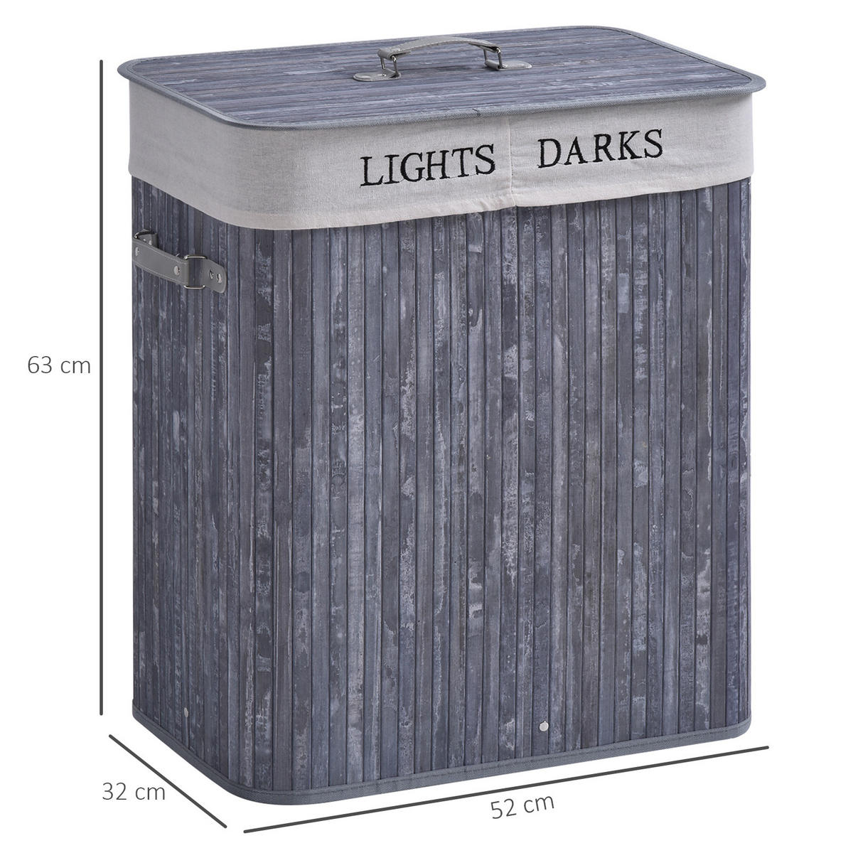 WÄSCHEKORB, Bambus, Segeltuch, PU, Grau - Grau, Naturmaterialien (32/63/52cm) - HOMCOM