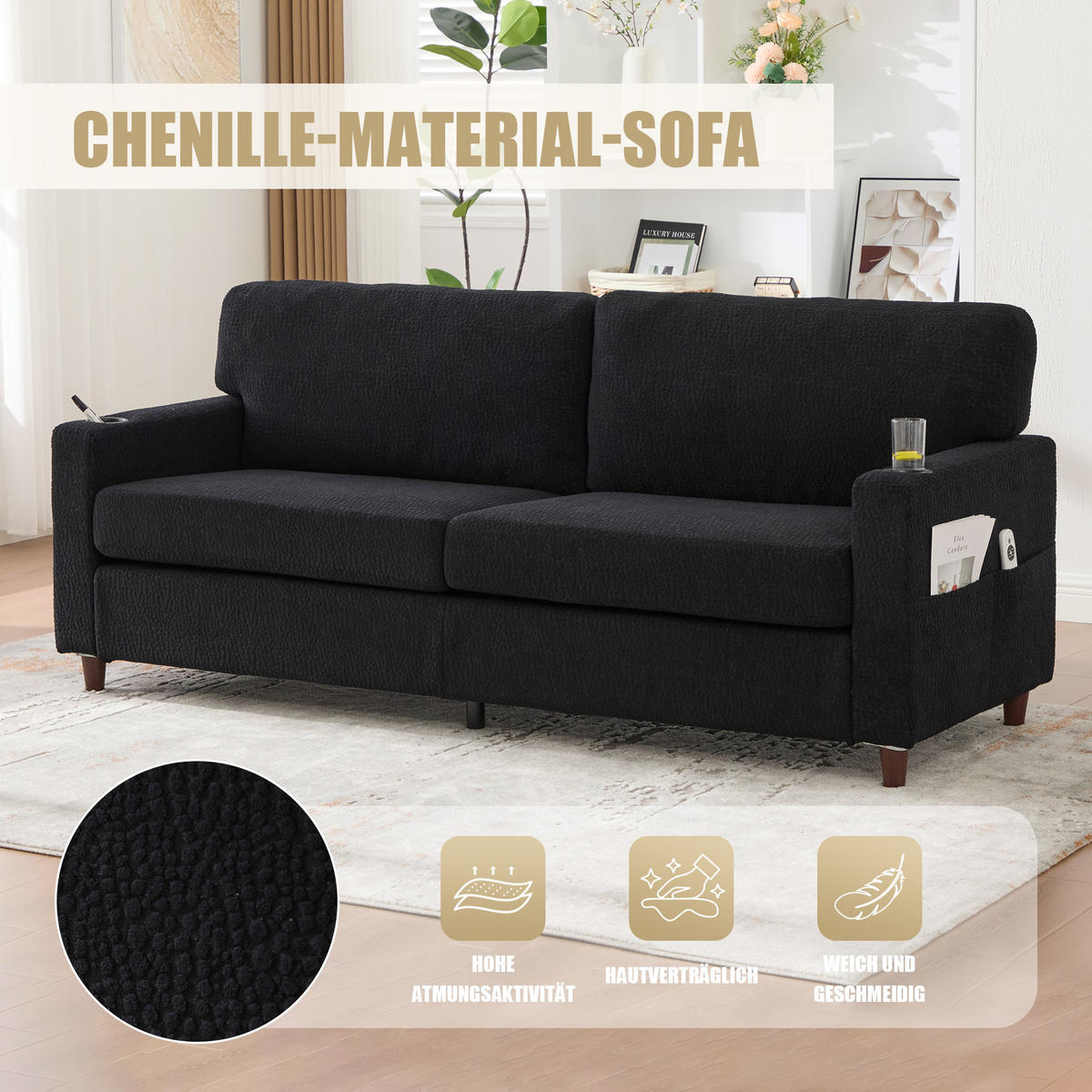 ZWEISITZER Sofa Chenille mit USB-Anschluss und LED-Licht 203/77,5/86 cm Schwarz - Schwarz, Textil (77.5/86/203cm) - Redom