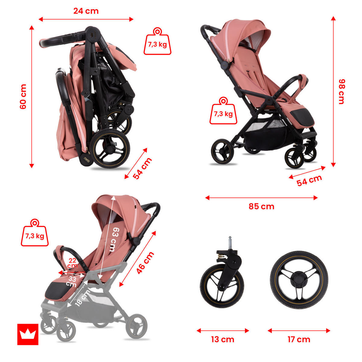 BUGGY Giau, Klein und Leicht, Teleskopische Führung, Kompakt Faltbar, Wickeltasche, Reisetasche - Schwarz/Rosa, Textil/Metall (58/98cm) - BabyLux