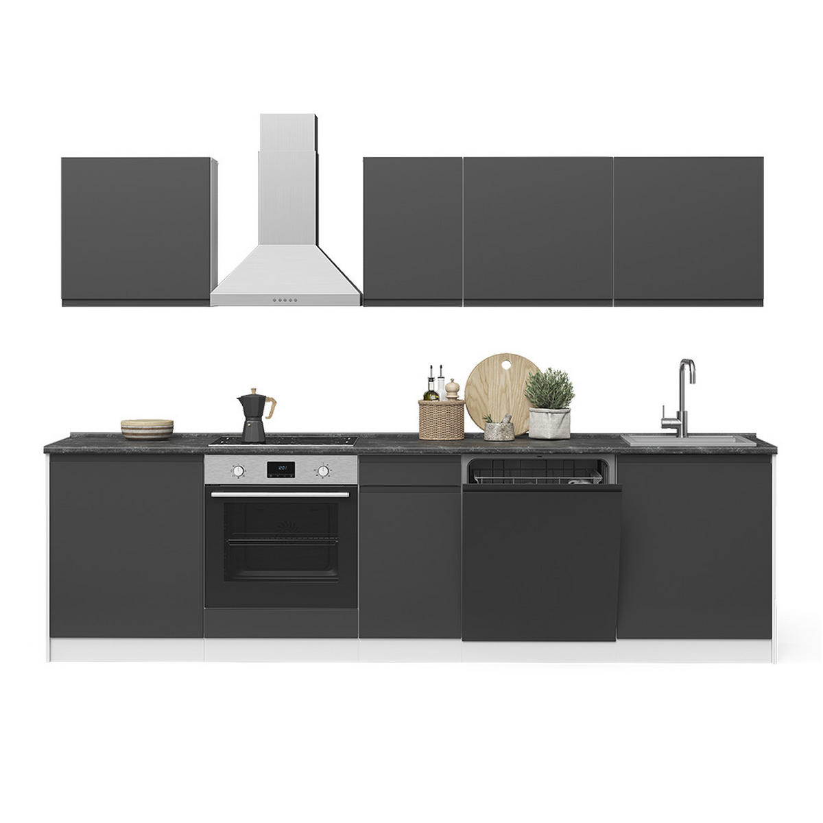 KÜCHENZEILE R-Line, Anthrazit/Weiß, 280 cm Arbeitsplatte Satin - Anthrazit/Weiß, Holzwerkstoff (280/206.8/60cm) - Vicco