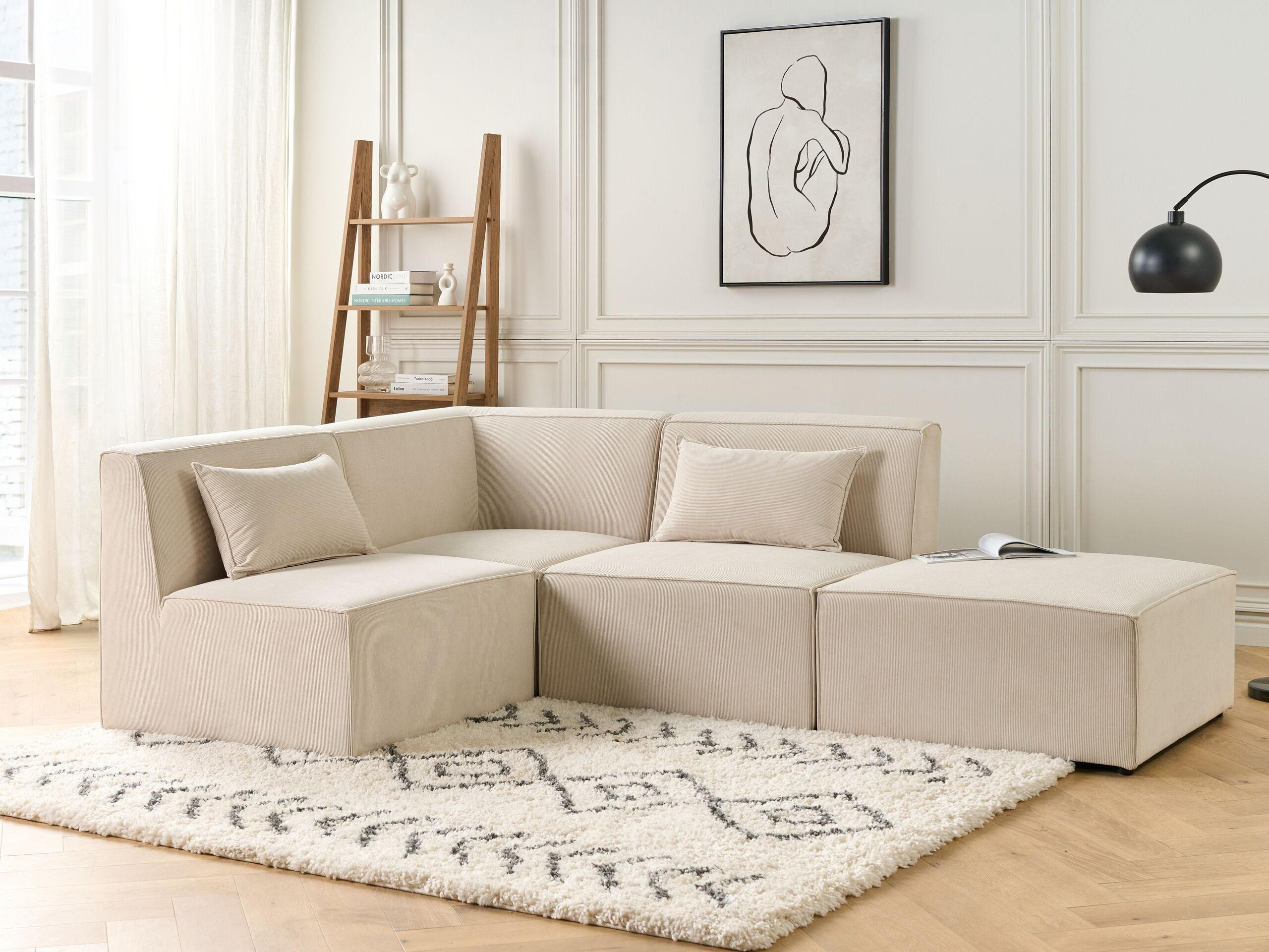 3-SITZER-ECKSOFA Cord hellbeige linksseitig mit Ottomane Lemvig - Beige, Textil (250/163cm) - Beliani