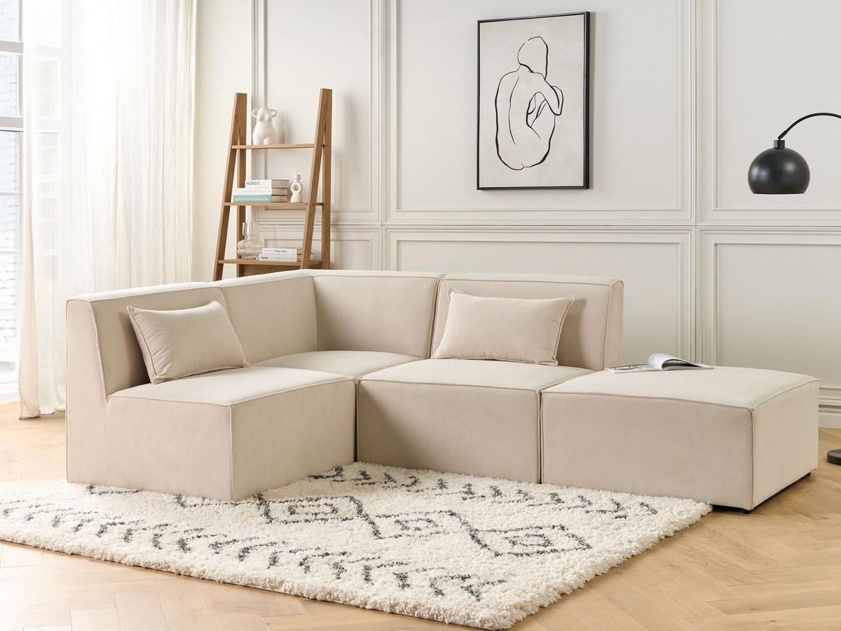 3-SITZER-ECKSOFA Cord hellbeige linksseitig mit Ottomane Lemvig - Beige, Textil (250/163cm) - Beliani