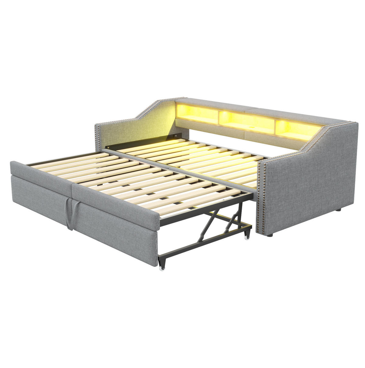 POLSTERBETT 90/200 cm ausziehbar mit LED, Matratze, USB, Ablagefächern und 2 Federkernmatratzen, Hellgrau - Hellgrau, Holzwerkstoff (90/200cm) - Redom