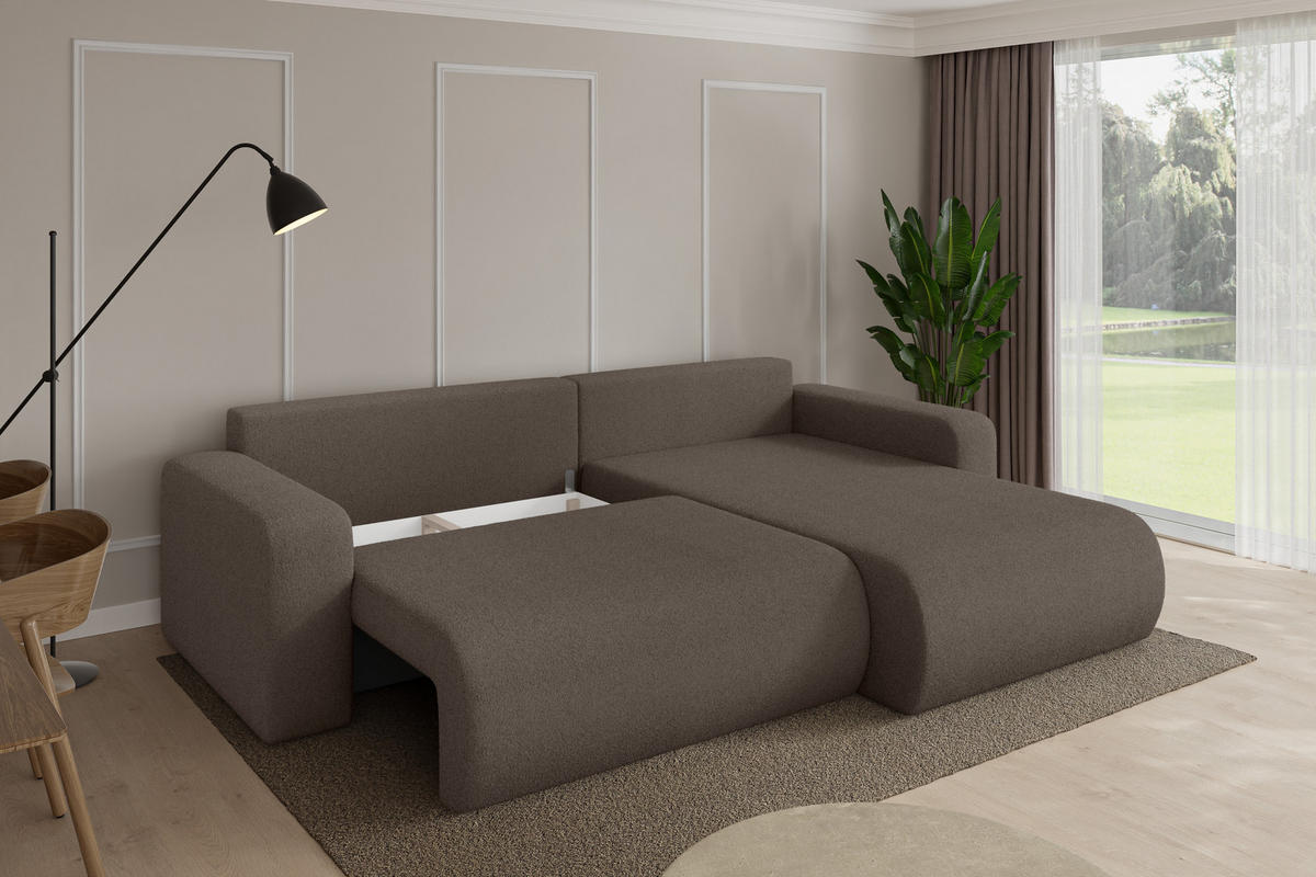 ROHOVÁ SEDAČKA s funkcí spaní, otoman vpravo BERY-L 276x193x88 hnědá bouclé - černá/hnědá, kompozitní dřevo/textil (276/193cm) - ALTDECOR