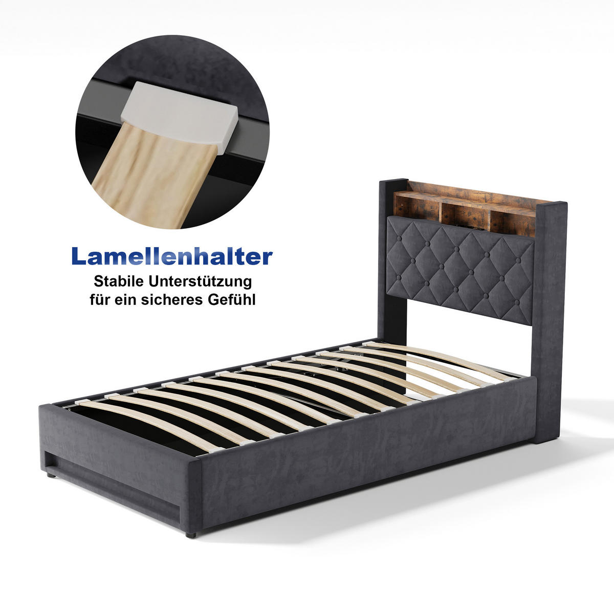 POLSTERBETT 90/200 cm in Grau, Samt, mit Bettkasten, USB, LED, ohne Matratze - Grau, Holzwerkstoff/Textil (90/200cm) - WISHDOR