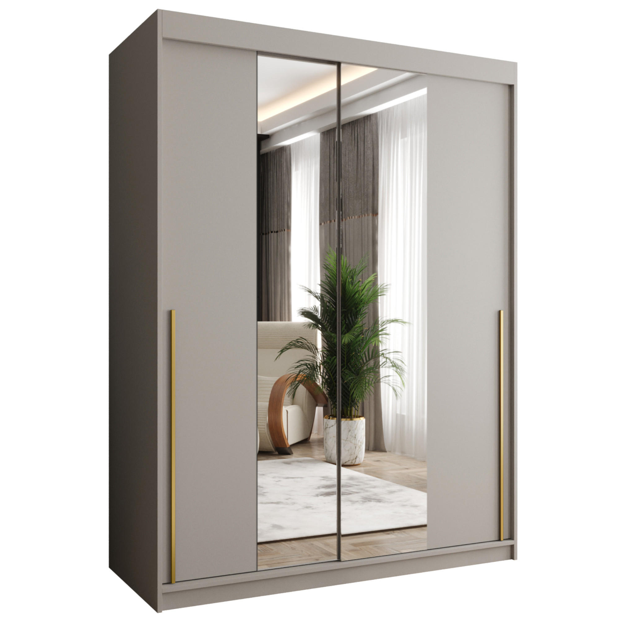 SCHIEBETÜRENSCHRANK mit Spiegel 150 cm Breite Kaschmir mit Goldgriff - Kaschmir/Goldfarben, Holzwerkstoff (150/200/62cm) - Home Collective