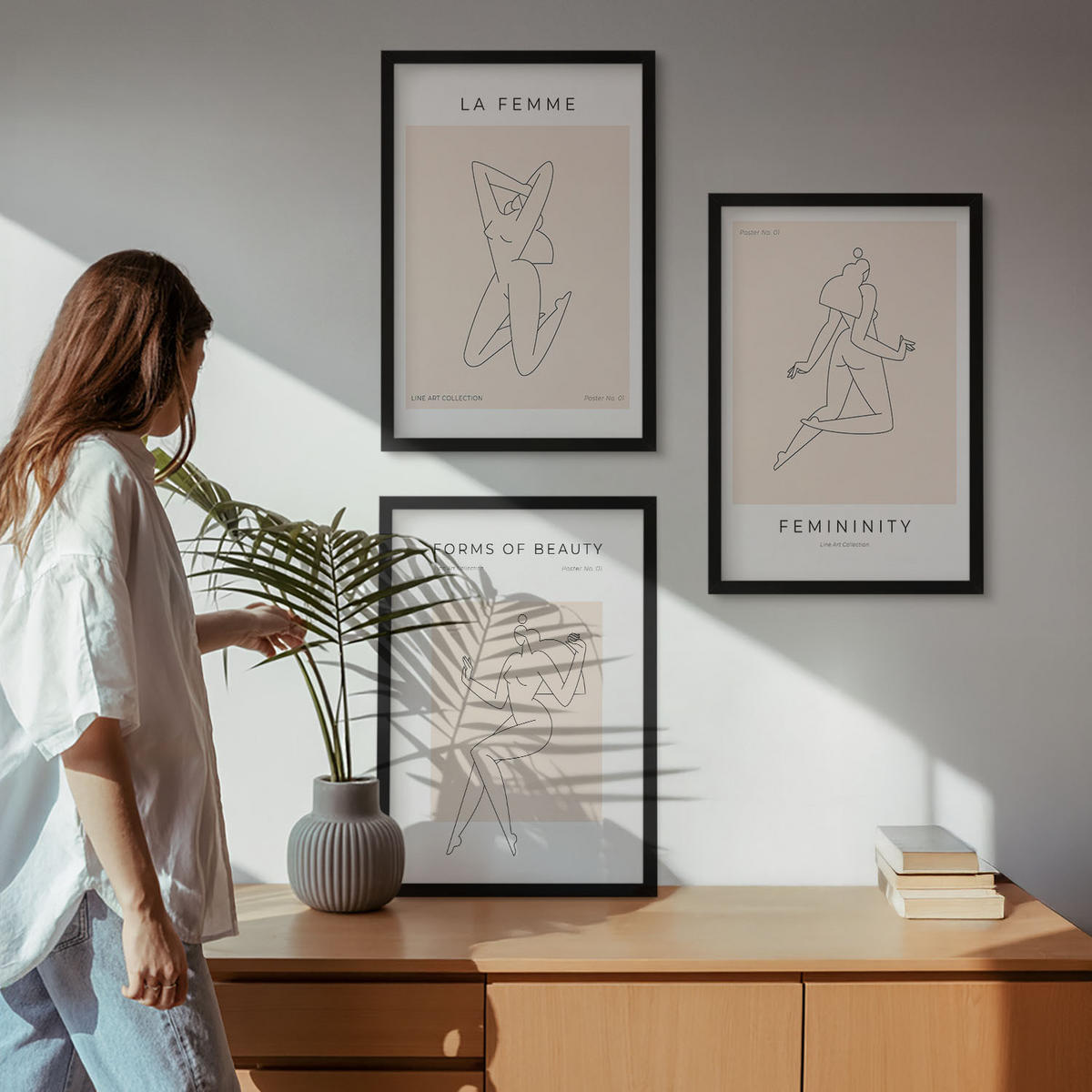 WANDBILDER 3er-Set - 40x60 cm Schwarzer Rahmen - Poster mit minimalistischen Frauensilhouetten - Schwarz, Kunststoff (40/60cm) - ArtPrintCave