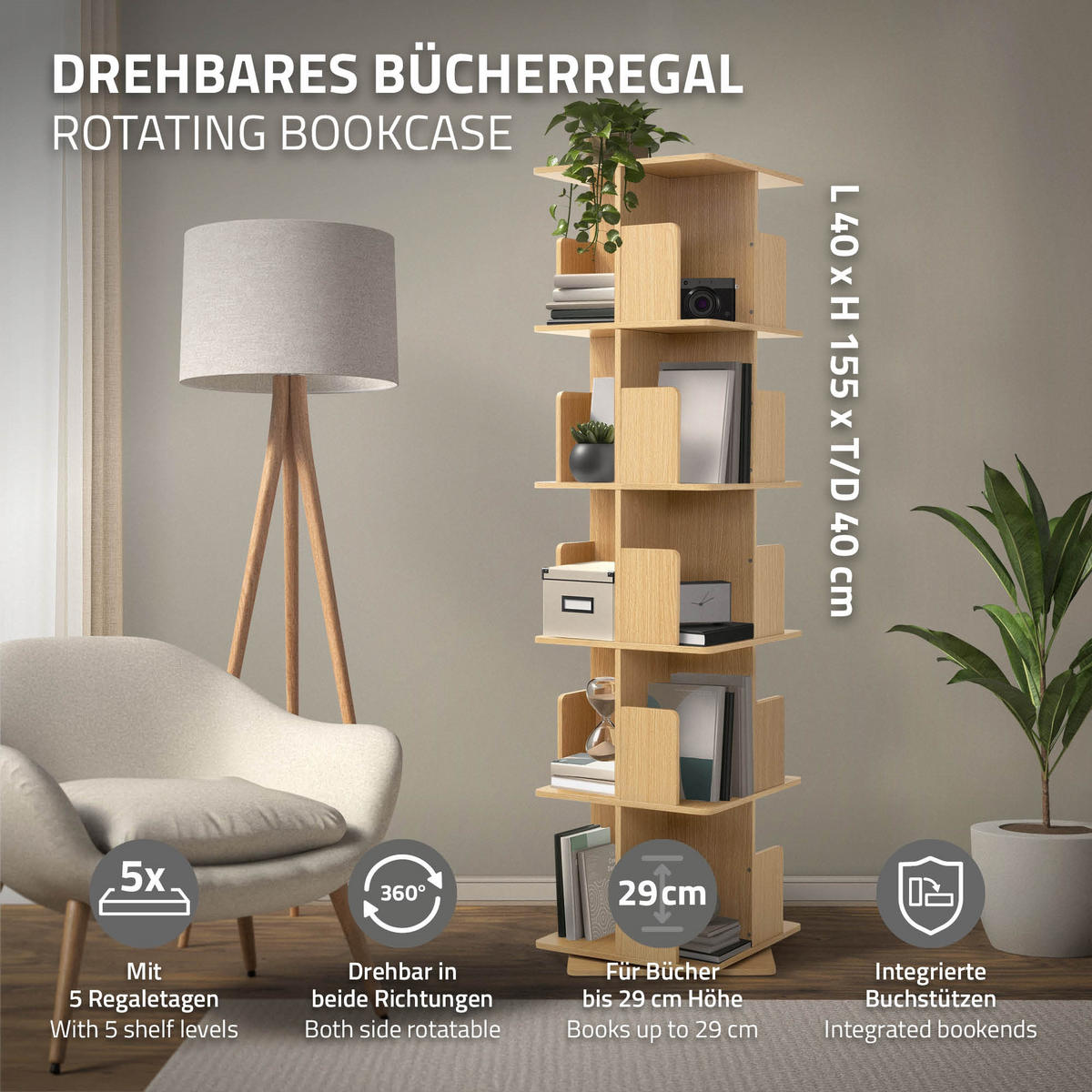 BÜCHERREGAL Kinder mit 5 Ebenen Eiche 40x155x40 cm Drehbar 360 Grad - Beige, Holzwerkstoff (40/155/40cm) - ML-DESIGN
