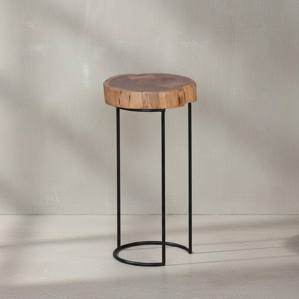 BEISTELLTISCH Massivholz Metallgestell Baumstammplatte Landhausstil INDI, Beige 28x28x55 cm - Beige/Schwarz, Holz/Metall (28/28/55cm) - KADIMA DESIGN