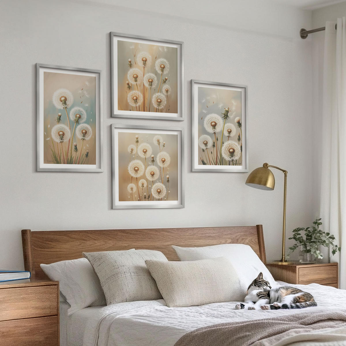 WANDBILDER 4er Set - 50x50 cm & 40x60 cm Silberner Rahmen - Pastellfarbene Löwenzahnblüten - Silberfarben, Kunststoff (50/50cm) - ArtPrintCave