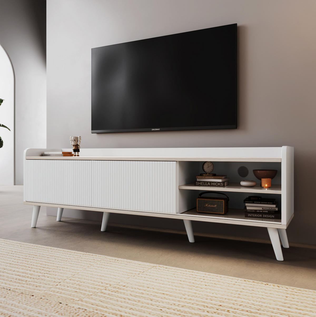 TV ormarić 160/40/58 cm bijeli od iverice s kliznim vratima i 2 ladice - bijela, drvni materijal (160/58/40cm) - OKWISH