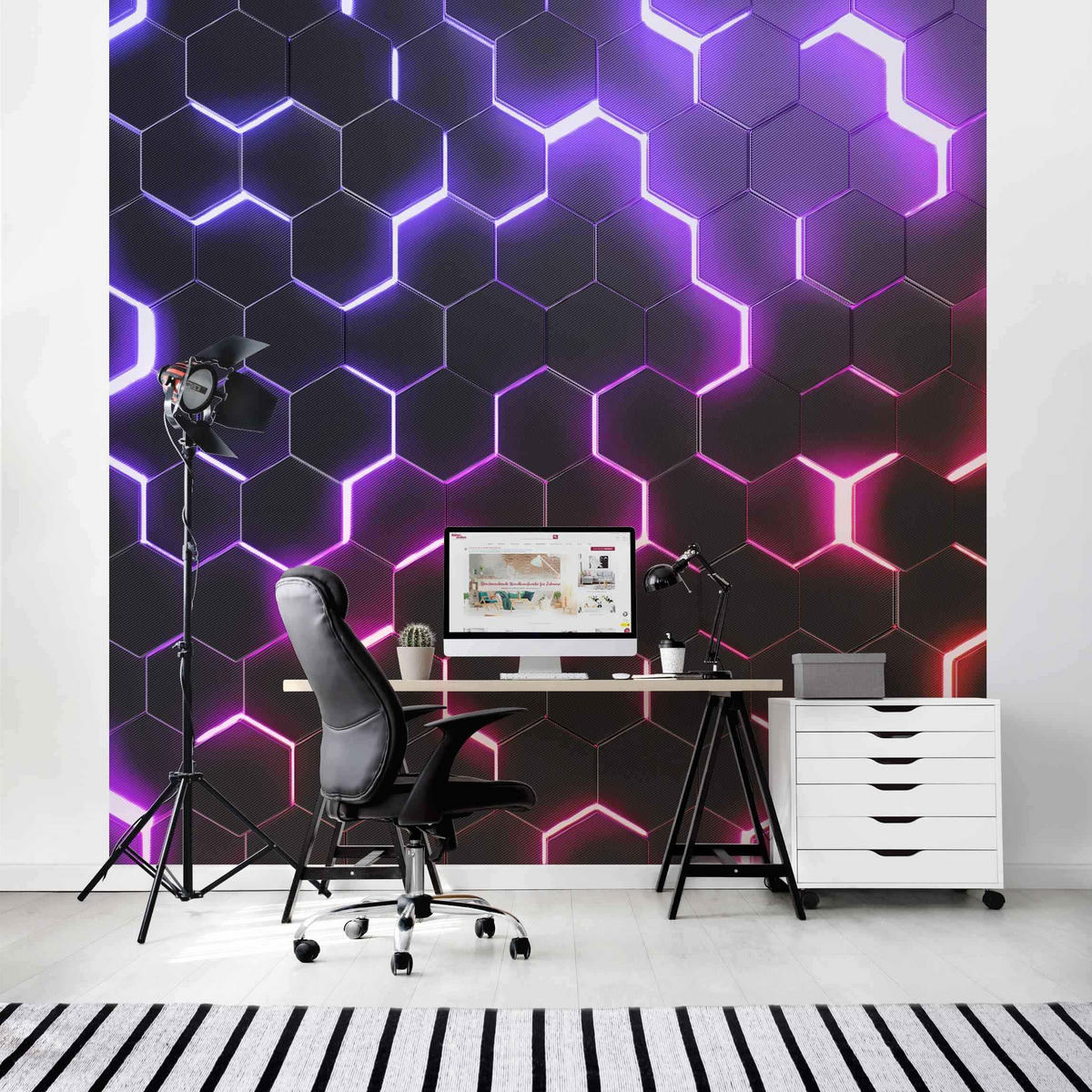 FOTOTAPETE Strukturierte Hexagone mit Neonlicht in Rosa und Lila 240/240 cm - Schwarz, Papier (240/240cm) - Bilderwelten