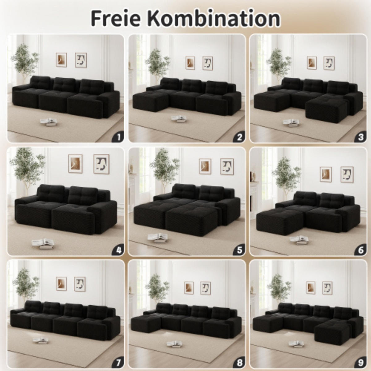 MODULÁRNA pohovka čierna z menčestru s hlbokým sedom 74 cm bez montáže - čierna, textil (104/204cm) - OKWISH