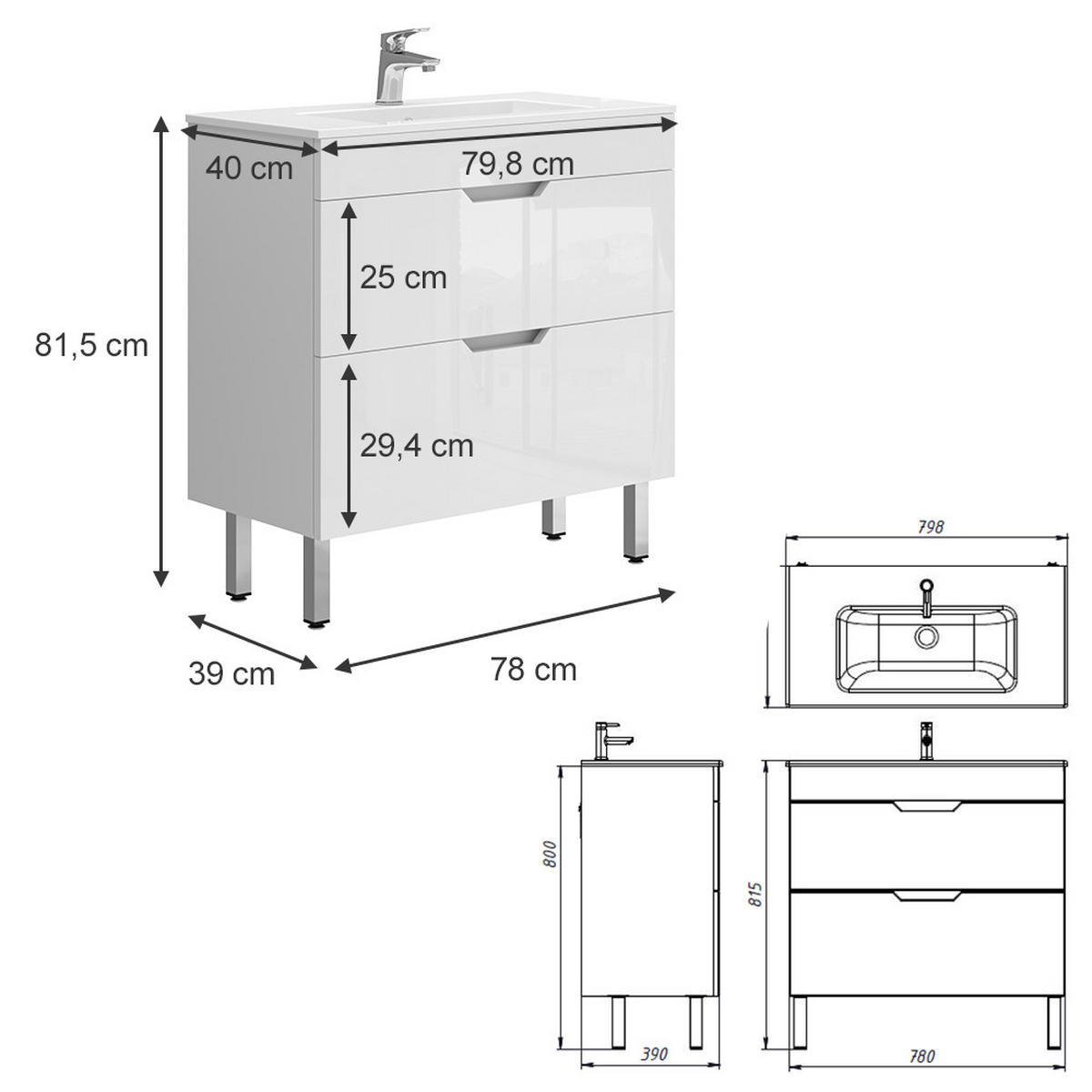 WASCHTISCHKOMBI Clayton, Weiß Hochglanz, 2 Teile, Unterschrank 80 cm - Weiß, Holzwerkstoff (80/81.5/40cm) - Vicco