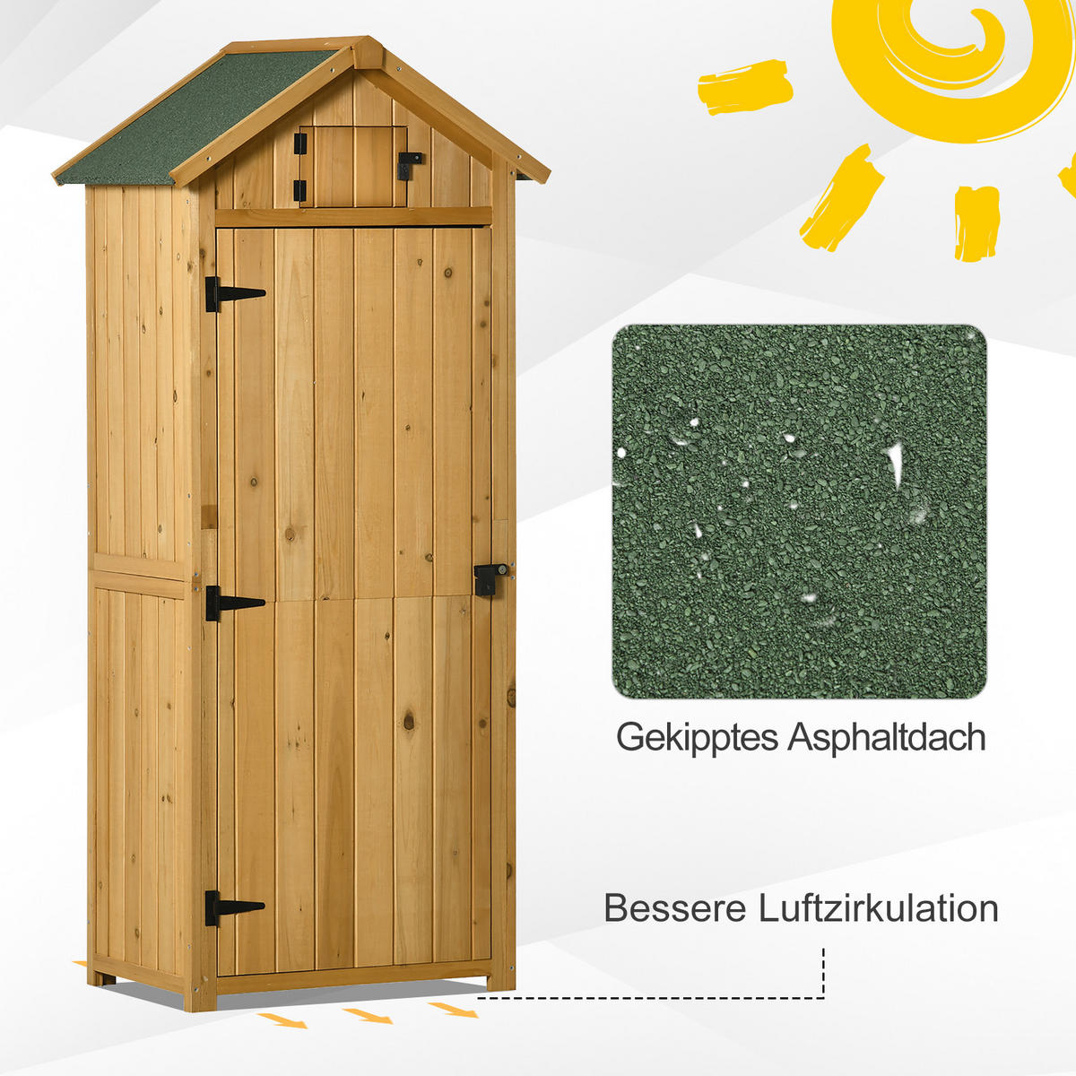 GARTENSCHRANK Geräteschuppen, mit Fachböden, Asphaltdach, Fenster, Holz, Gelb+Grün - Gelb/Grün, Holz (54.2/179/77cm) - Outsunny