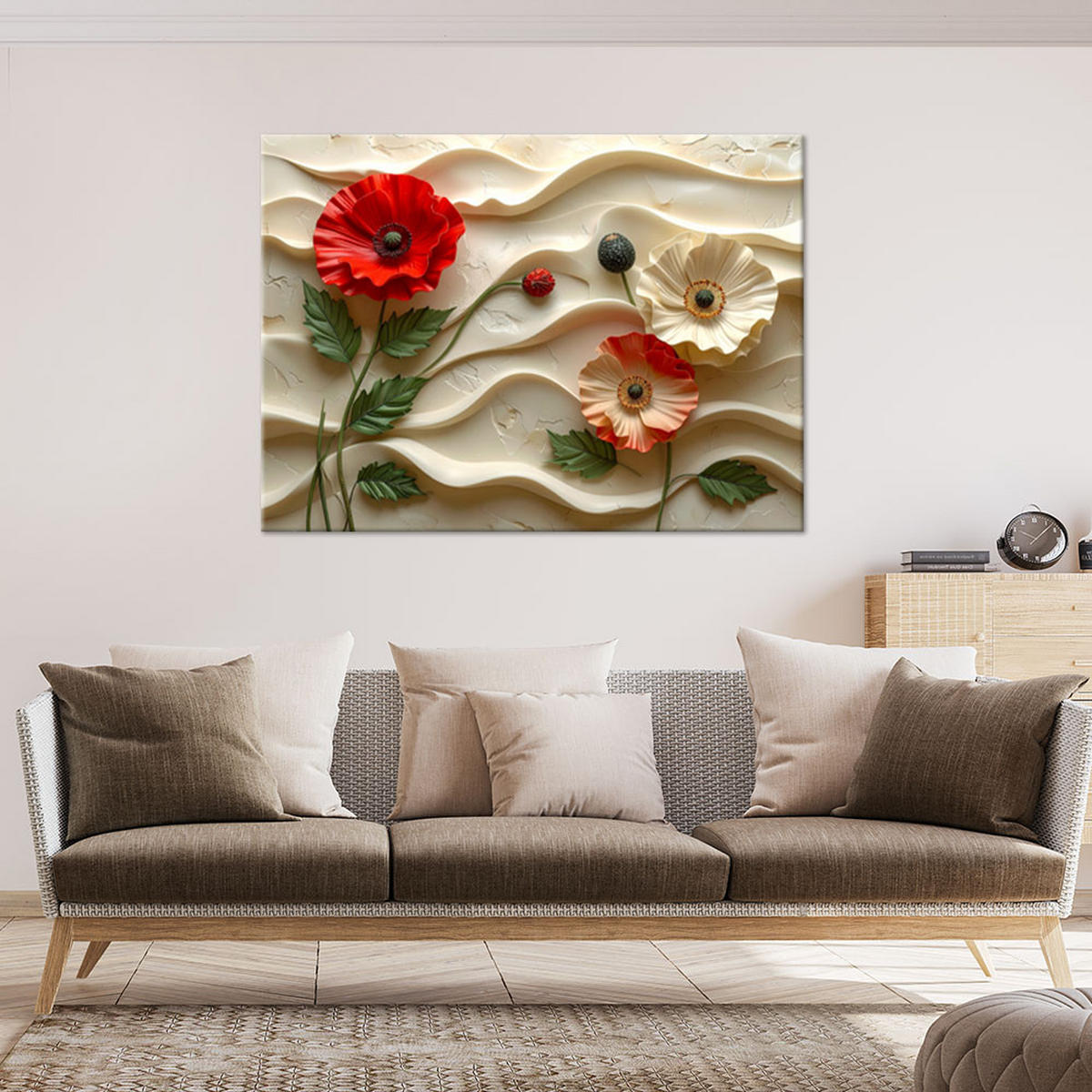 WANDBILD, Rote Blüten auf welligem Hintergrund - Beige, Textil (120/80cm) - Feeby