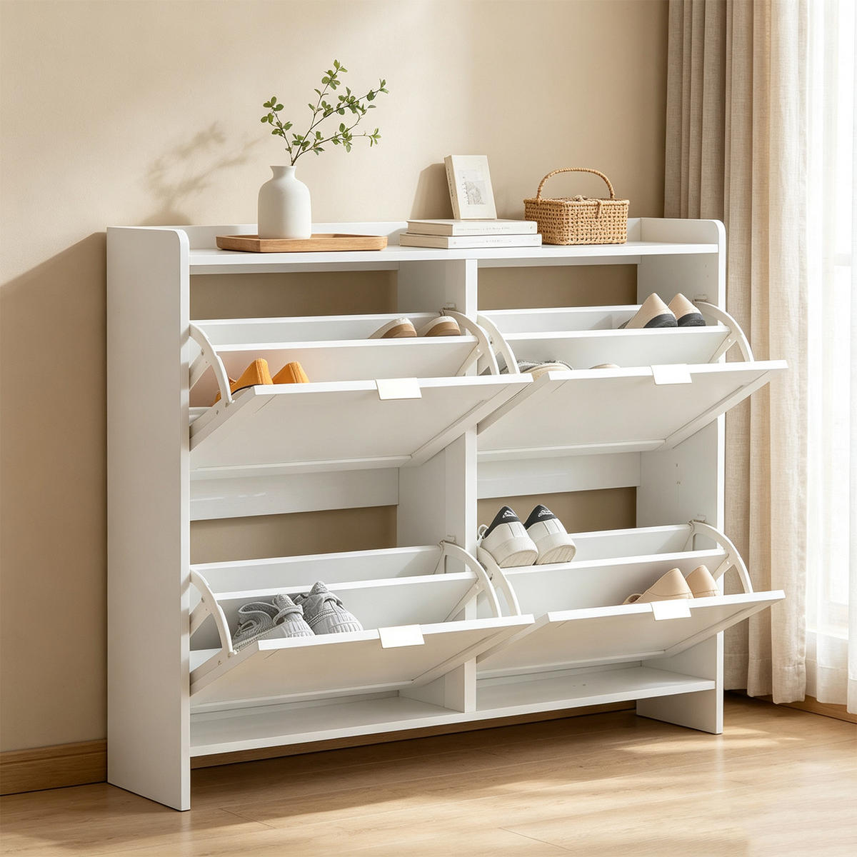 SCHUHSCHRANK mit 4 Kippfächern, offenen Ablagen, weiß - Weiß, Holzwerkstoff (24/90/110cm) - Meubles Cosy