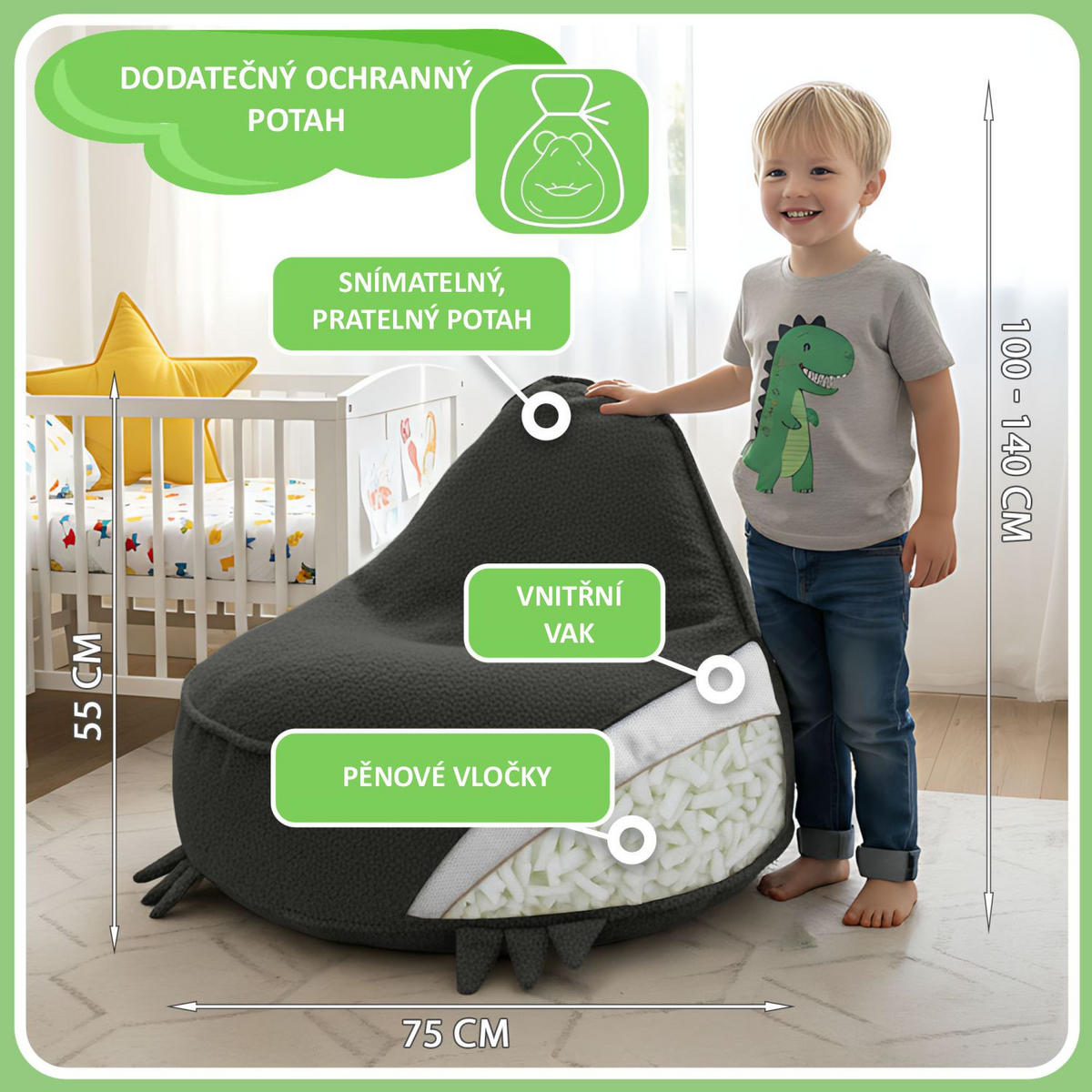 SITZSACK FÜR KINDER Dino 75/75/55 cm, weicher Bouclé 315 g/m², abnehmbarer Bezug, Steel Grey - Dunkelgrau, Textil (75/55/75cm) - Dreamroots