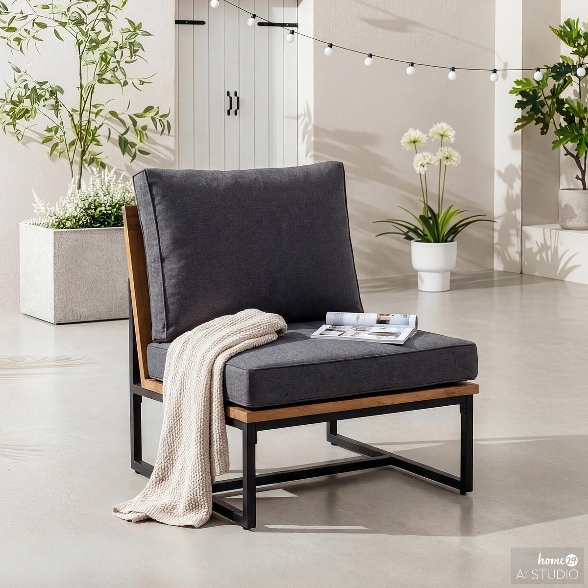 LOUNGESESSEL - Polyester / Akazie massiv - Grau / Braun - Braun/Grau, Holz/Textil (65/79/74cm) - home24