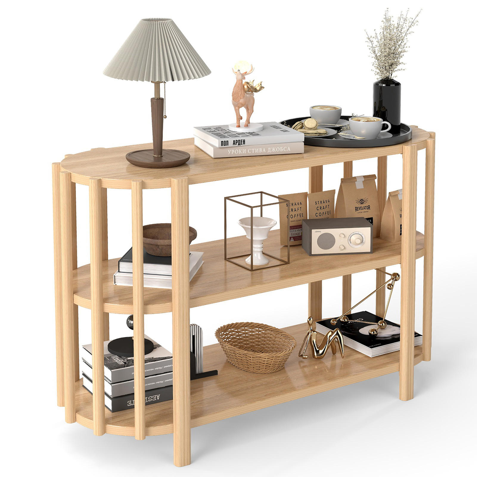 OVALER Couchtisch mit 3 Ablagen – Wohnzimmertisch in Holzoptik, MDF, 114 × 38 × 75 cm, Natur - Naturfarben, Holzwerkstoff (114/38/75cm) - Ej. Life