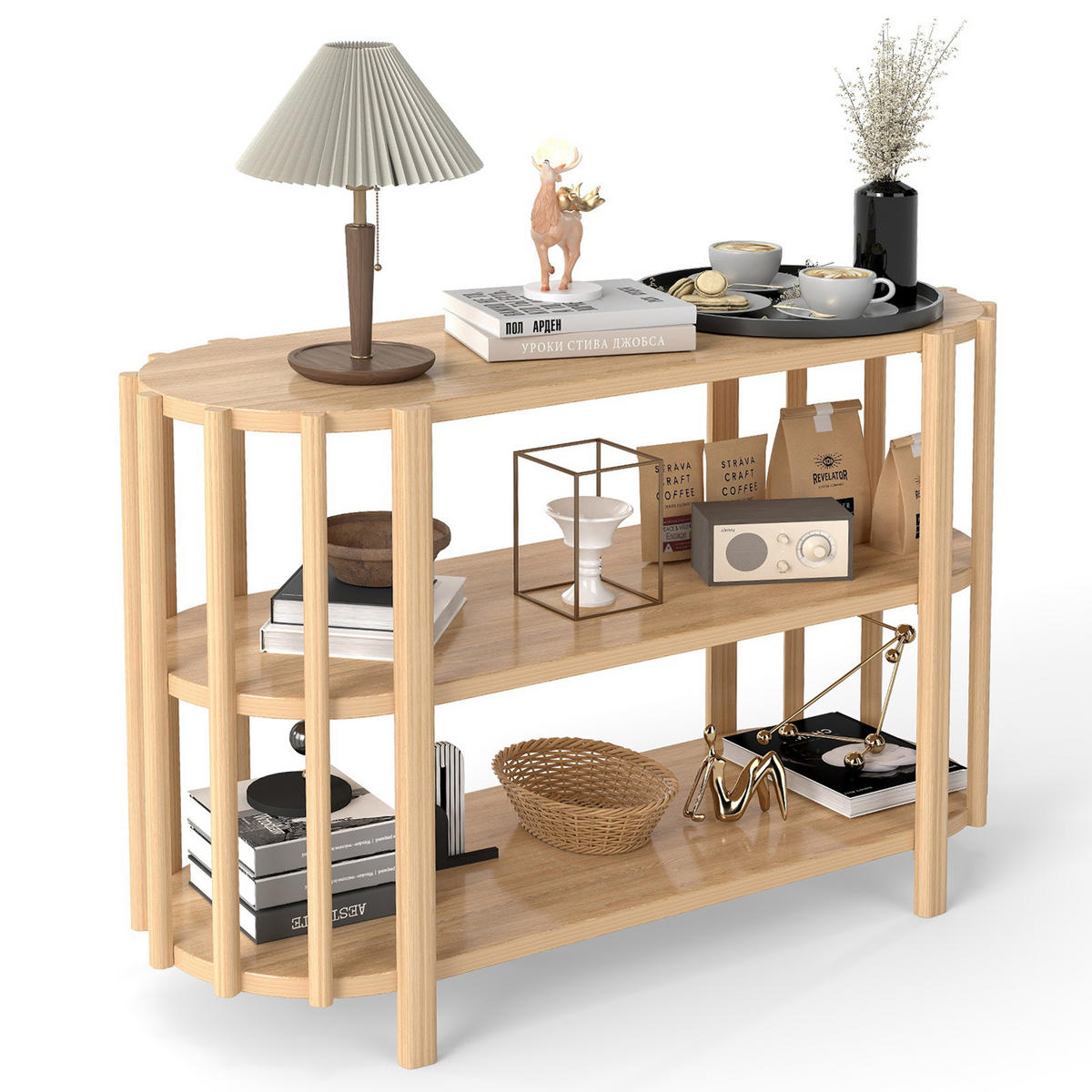 OVALER Couchtisch mit 3 Ablagen – Wohnzimmertisch in Holzoptik, MDF, 114 × 38 × 75 cm, Natur - Naturfarben, Holzwerkstoff (114/38/75cm) - Ej. Life