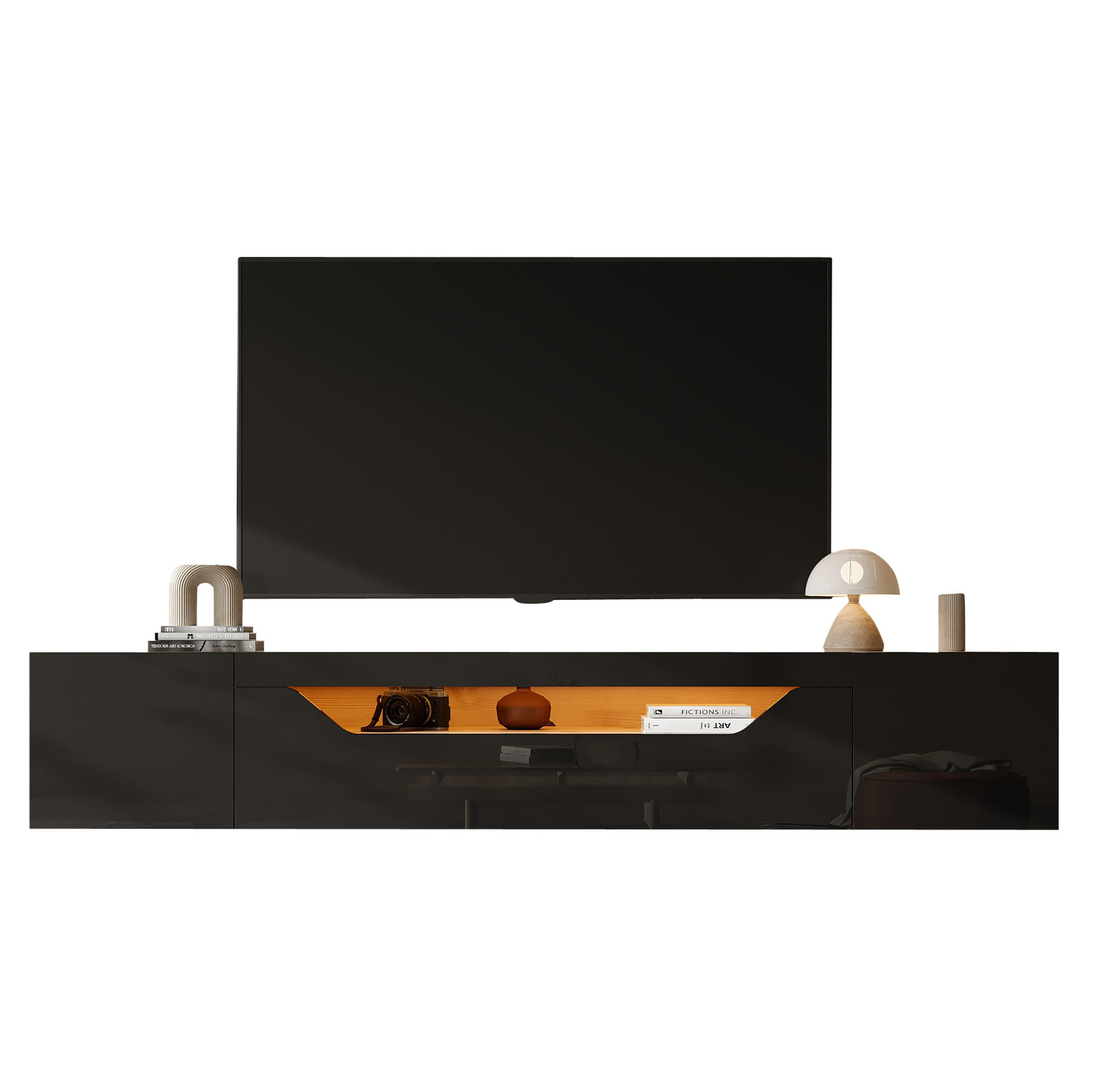WANDLOWBOARD 180/37/36 cm mit LED-Beleuchtung und 3 Staufächern - Schwarz, Holzwerkstoff (180/36/37cm) - BEAOK