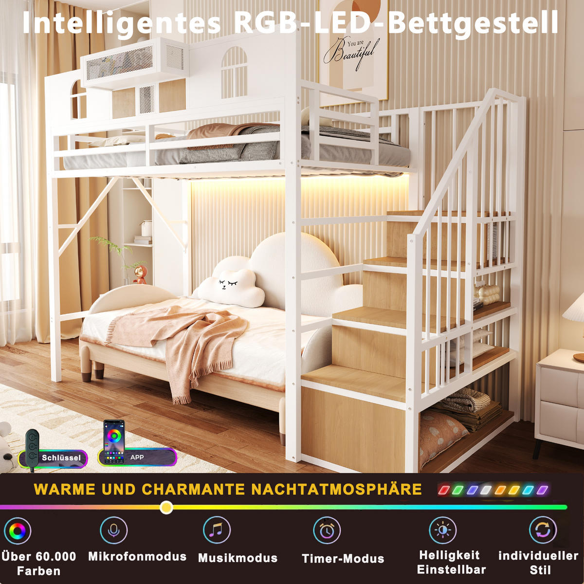 HOCHBETT 90/200 cm in Weiß mit Stauraumleiter, Lichtleiste, Ablagefach und Bettgitter aus Metall und MDF - Weiß, Metall (90/200cm) - STILVORA