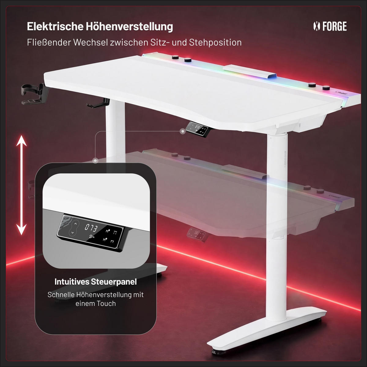 ELEKTRISCH verstellbarer Gaming-Schreibtisch X-Forge 120 x 70 cm - Weiß, Metall (70/160/73cm) - Diablo Chairs