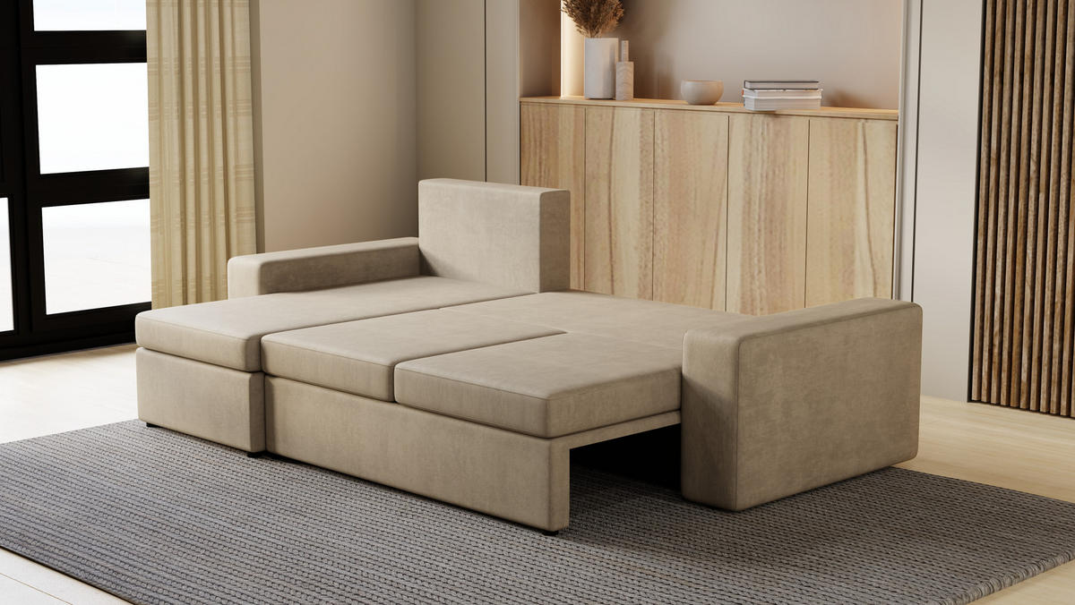 ECKSOFA Paco mit Bettkasten und Schlaffunktion, L-Form/XL-Form, Velourstoff, Universal - Beige, Holzwerkstoff (246/145cm) - 4ALL HOME
