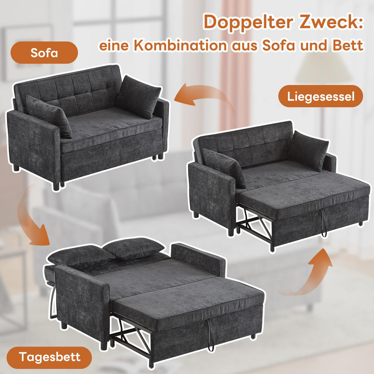 SCHLAFSOFA aus Chenille 174x125 cm Antique Black mit Schlaffunktion, verstellbarer Rückenlehne und 2 Kissen - Schwarz, Kunststoff (142/85/79cm) - Modfu