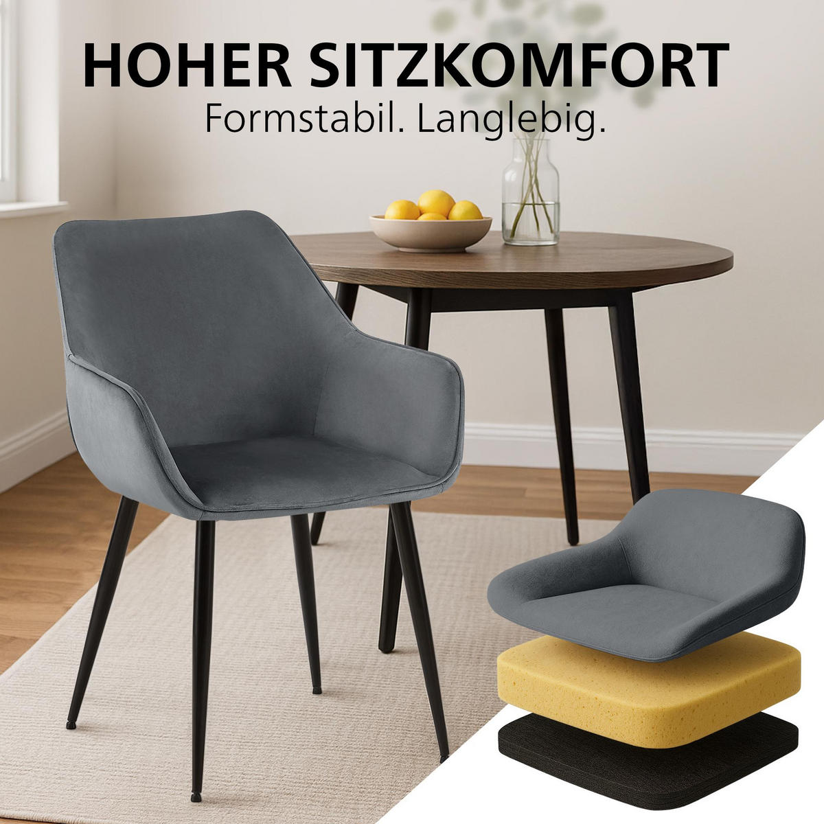 ARMLEHNENSTUHL Samt Dunkelgrau - Dunkelgrau/Schwarz, Textil/Metall (52/82/63cm) - CLP
