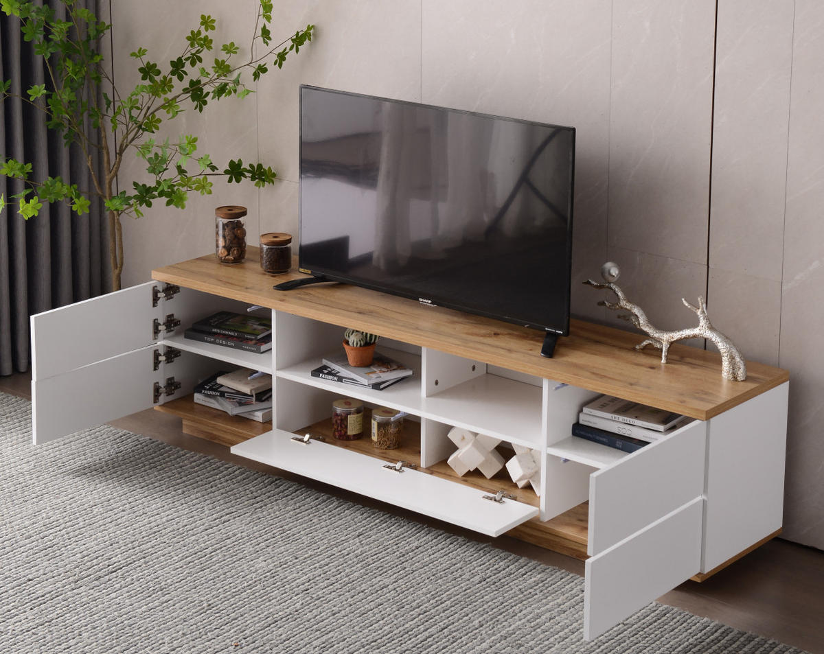 TV Lowboard 180x38x46 cm, Holzmaserung, Weiß - Weiß, Holz (180/46/38cm)