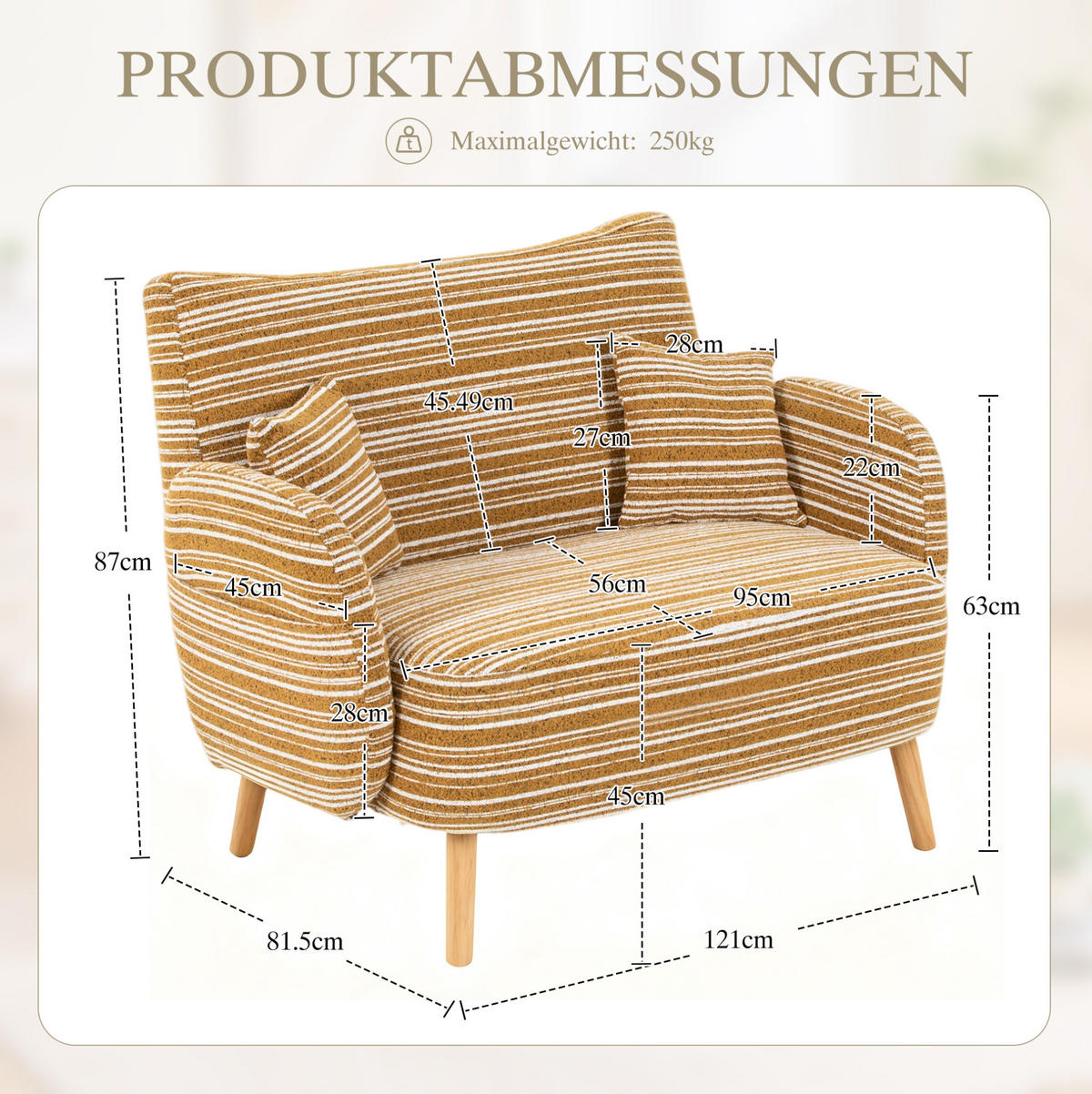 2-SITZER-SOFA aus Bouclé 121x81,5x87 cm in Senfgelb mit Seitentaschen - Gelb, Textil (81.5/87/121cm) - Modfu