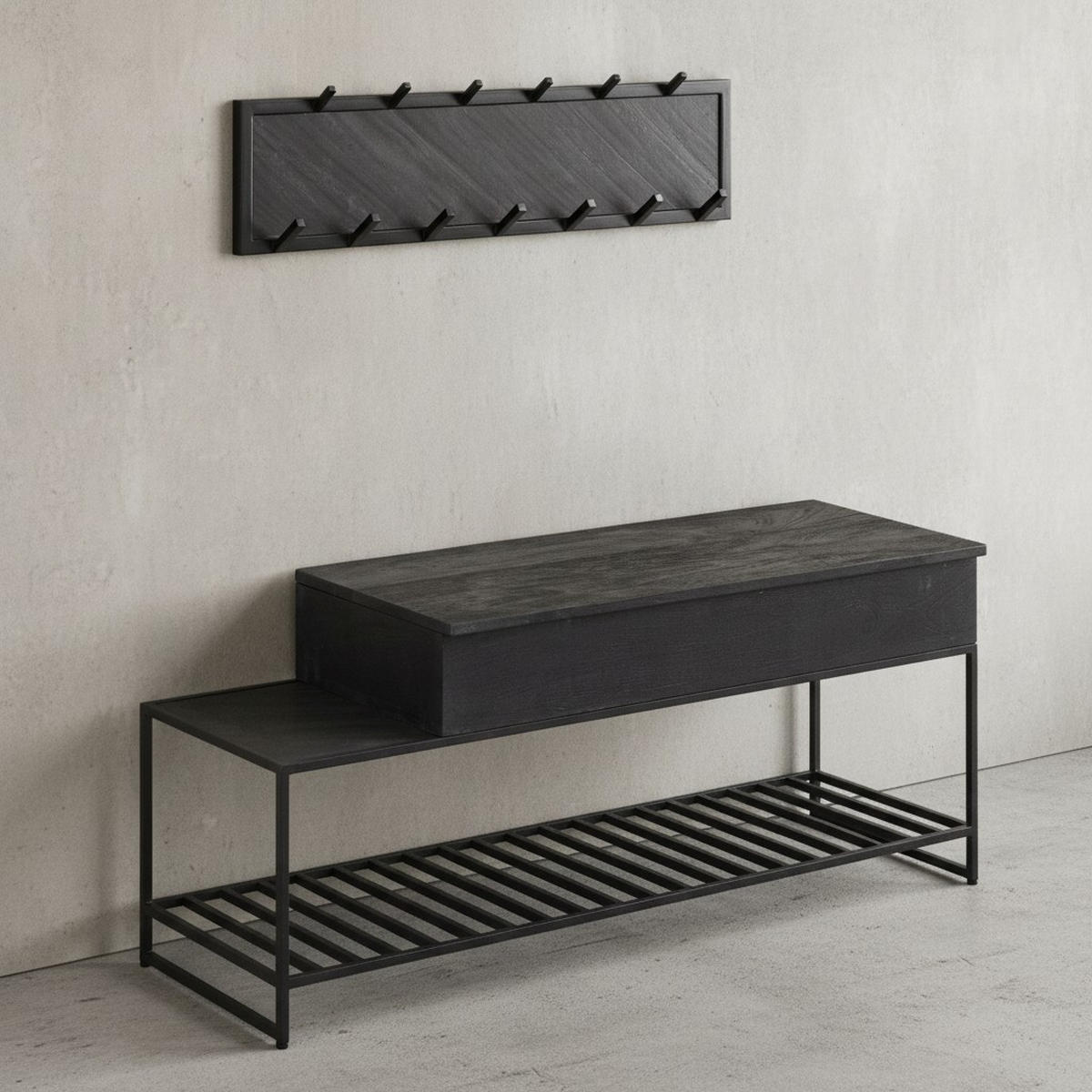 GARDEROBEN-SET Mango Massivholz mit Wandgarderobe, Sitzbank und Regal - Schwarz, Leder/Holz (110/70/37cm) - KADIMA DESIGN