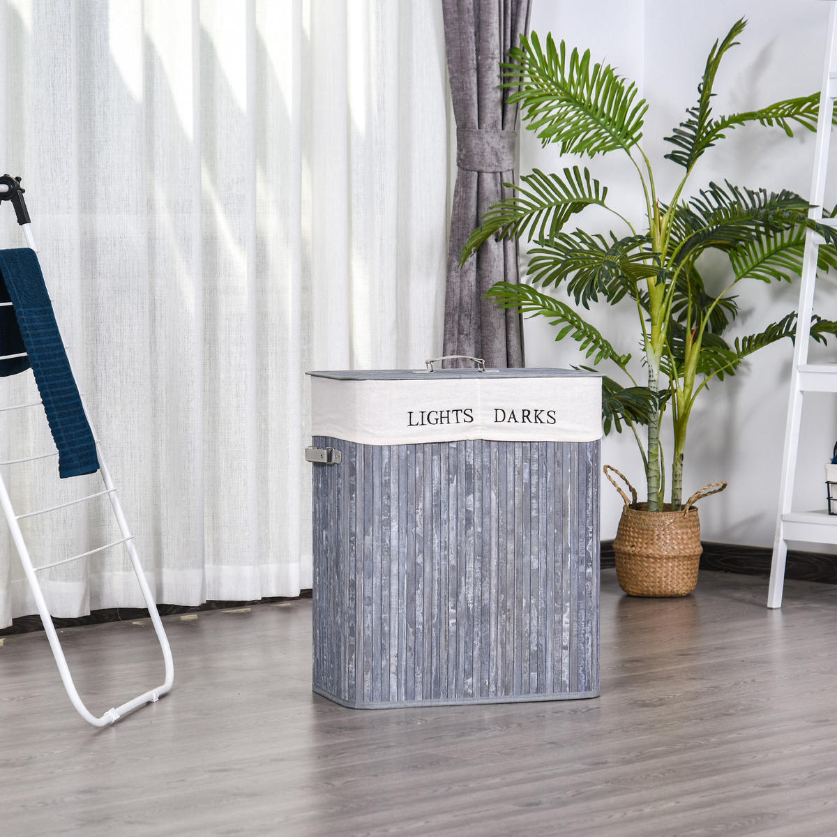 WÄSCHEKORB, Bambus, Grau - Grau, Naturmaterialien (30/60/40cm) - HOMCOM