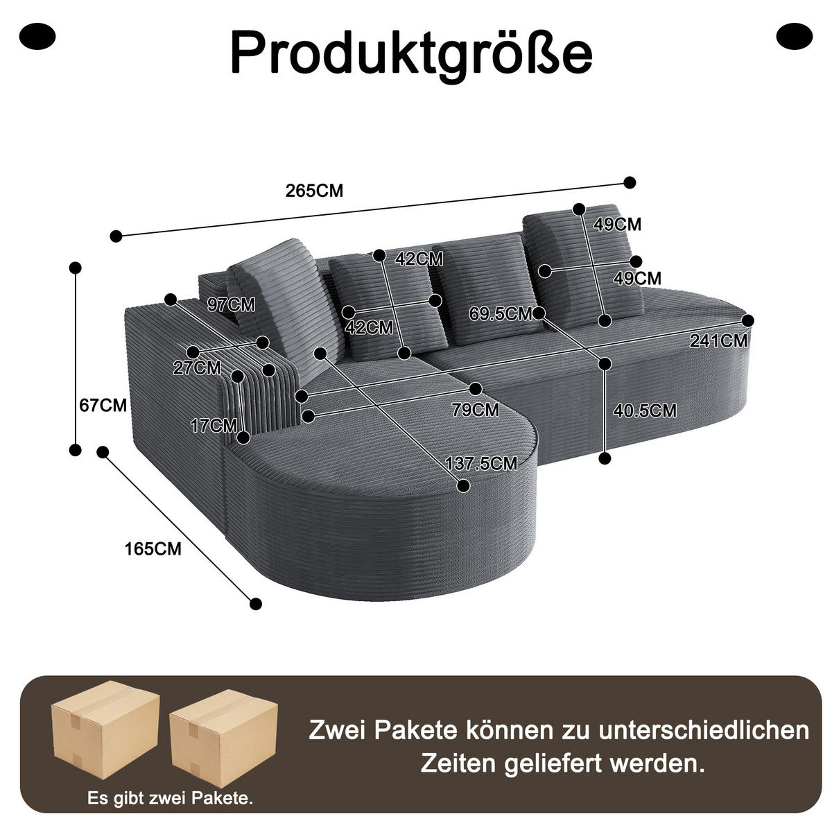 ECKSOFA Cord mit tiefer Sitzfläche, 4 Kissen 265/165/67 cm Grau - Grau, Textil (165/265cm) - Redom