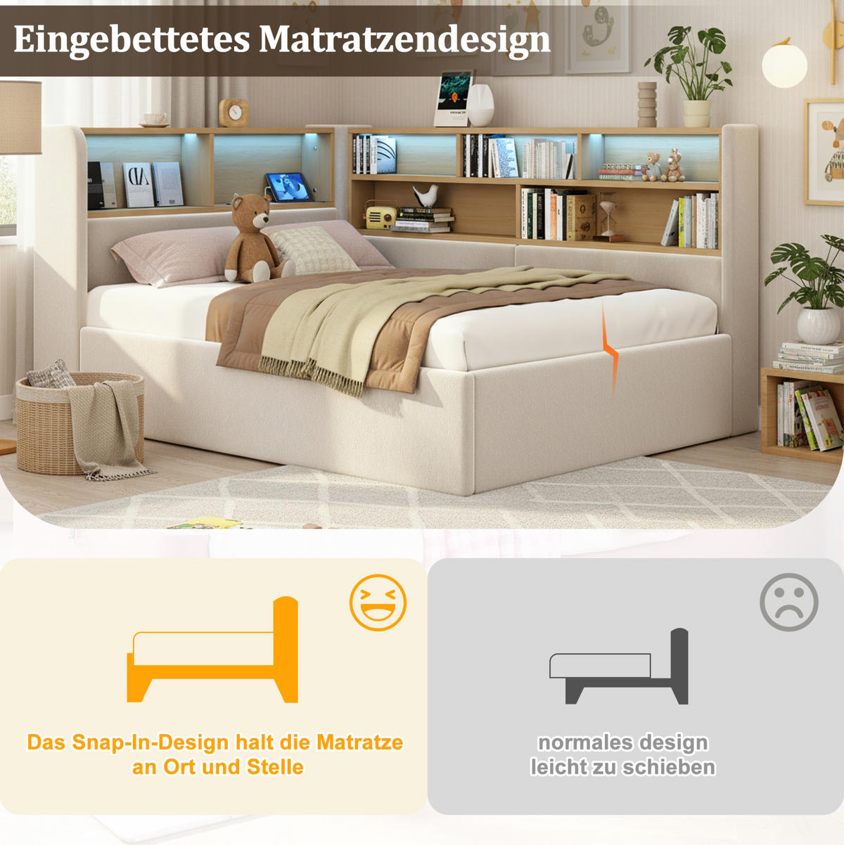 TAGESBETT 90/200 cm mit hydraulischem Stauraum, LED-Beleuchtung, USB- und Type-C-Anschluss, Samt, Beige - Beige, Textil (90/200cm) - Redom